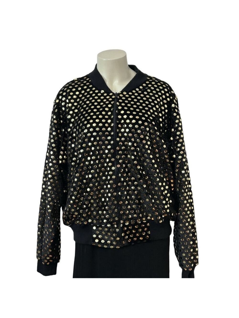 Black Gold Sequin Polka Dot Bomber Jacket One Size Zip Front